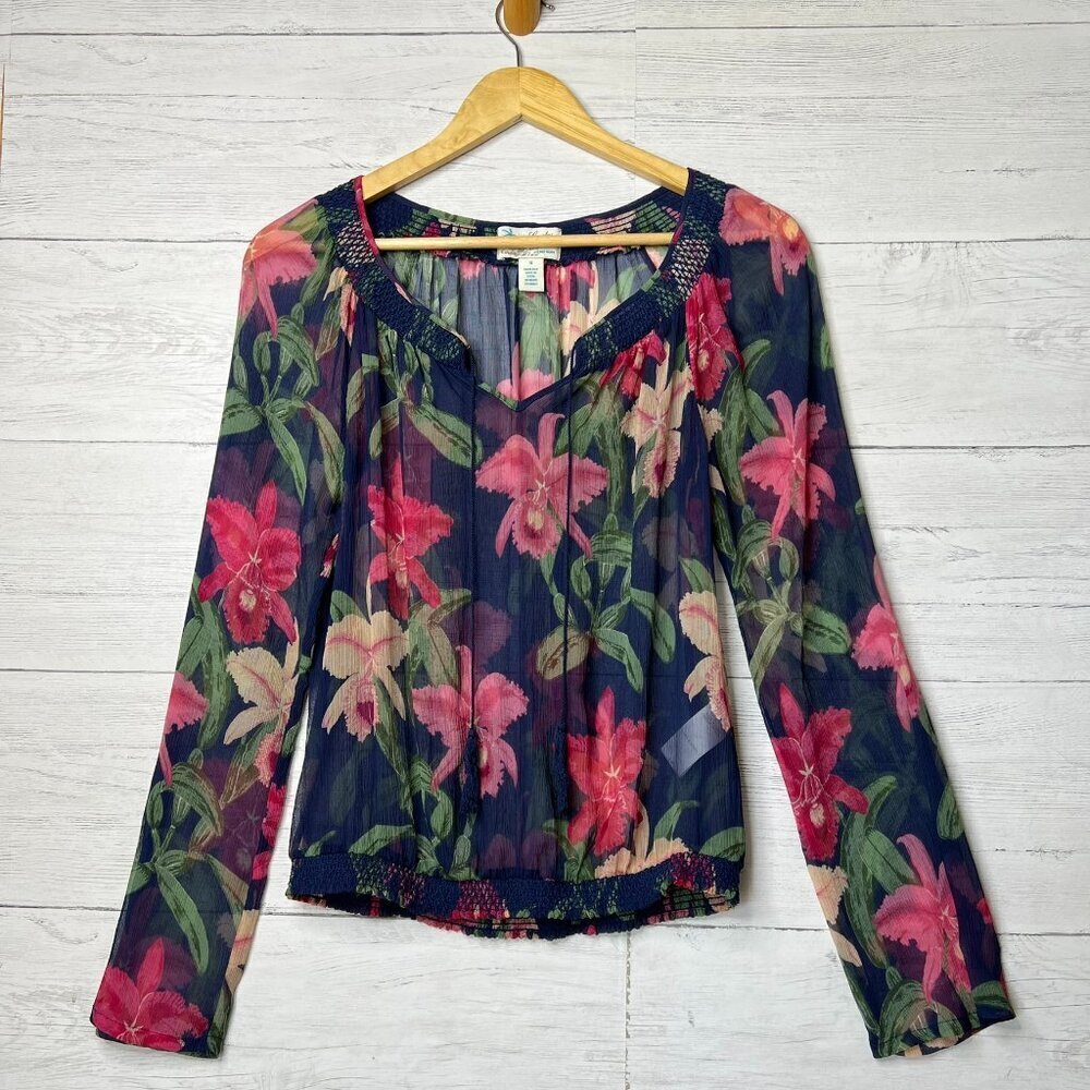 Lucky Brand by Dale Hope Blouse Womens Size Small 100% Silk Floral Tropical